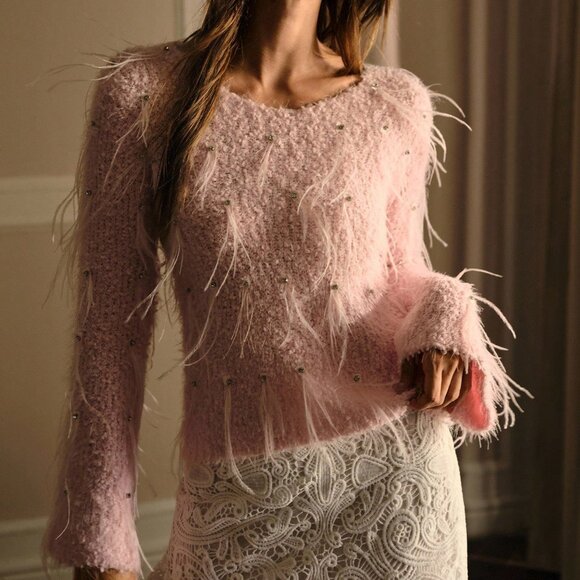 Pink Casual Women's V-Neck Sweater with Feather & Rhinestone Flare Sleeve - Picture 3 of 8